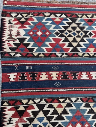 A colorful antique Caucasian Shirvan kilim from the 19th century, size: ca. 305x160cm / 10ft by 5‘3ft a few tiny old moth holes, otherwise good condition.       