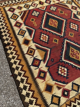 From an old German collection: This antique Southpersian Luri kilim was purchased in Saudi Arabia in the 1960‘s, it belonged to the German personal physician of the royal court and was recently  ...