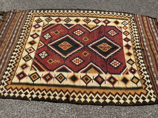 From an old German collection: This antique Southpersian Luri kilim was purchased in Saudi Arabia in the 1960‘s, it belonged to the German personal physician of the royal court and was recently  ...