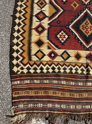 From an old German collection: This antique Southpersian Luri kilim was purchased in Saudi Arabia in the 1960‘s, it belonged to the German personal physician of the royal court and was recently  ...