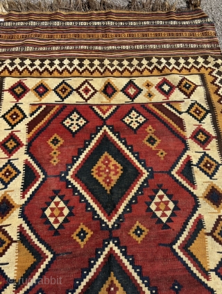 From an old German collection: This antique Southpersian Luri kilim was purchased in Saudi Arabia in the 1960‘s, it belonged to the German personal physician of the royal court and was recently  ...