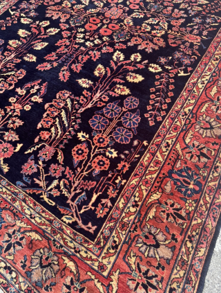 Antique Persian Saruk Mohajeran carpet, very decorative. Beautiful navy blue field color. Size: circa 360x255cm / 11’8ft by 8’4ft  http://www.najib.de            