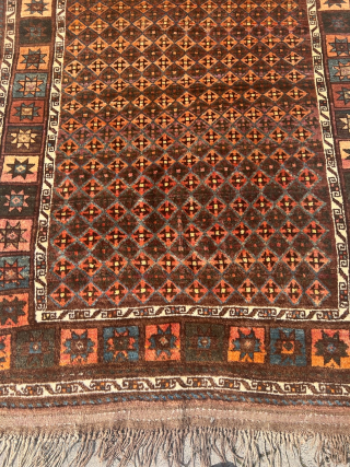 Antique Kordi rug from Khorassan province of Northeast Persia, good condition with full chunky pile. Glossy, shiny wool.  Its intricate design features a mesmerizing interplay of earthy brown tones, evoking a  ...