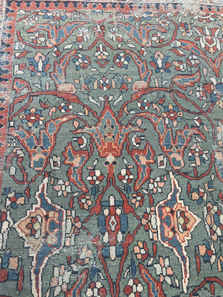 A highly decorative antique Persian Sultanabad carpet. Size: circa 430x300cm / 14ft by 9’8ft beautiful light pastel colors, very nice soft green field color, soft color transition. Although it may show some  ...