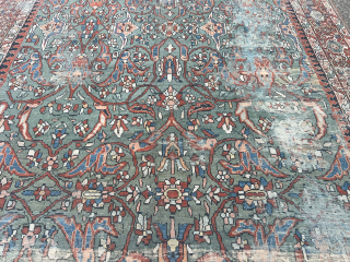 A highly decorative antique Persian Sultanabad carpet. Size: circa 430x300cm / 14ft by 9’8ft beautiful light pastel colors, very nice soft green field color, soft color transition. Although it may show some  ...