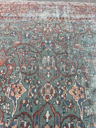A highly decorative antique Persian Sultanabad carpet. Size: circa 430x300cm / 14ft by 9’8ft beautiful light pastel colors, very nice soft green field color, soft color transition. Although it may show some  ...