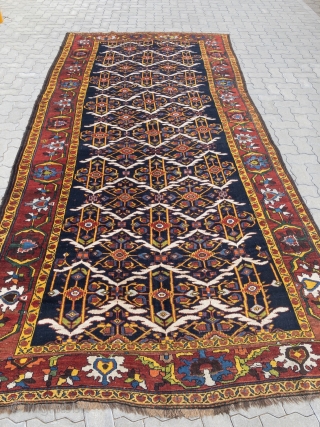 Antique Persian Bakhtiary tribal rug from the 19th century, wool foundation, beautiful natural colors. size: 405x190cm / 13'3''ft x 6'3''ft             