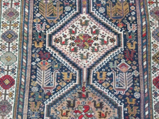 Antique Shekarlu Qashqai tribal rug from Southwest-Persia with lots of birds and animals, age: circa 1900. size: ca. 235x135cm / 7'7''ft x 4'4''ft          