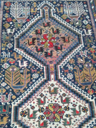 Antique Shekarlu Qashqai tribal rug from Southwest-Persia with lots of birds and animals, age: circa 1900. size: ca. 235x135cm / 7'7''ft x 4'4''ft          