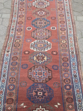 Antique Persian Bidjar Gerrus long rug with Memling gul design, wool foundation. Age: 19th century, size: 335x105cm / 11ft x 3'4''ft Good condition, barber pole missing at both ends.    