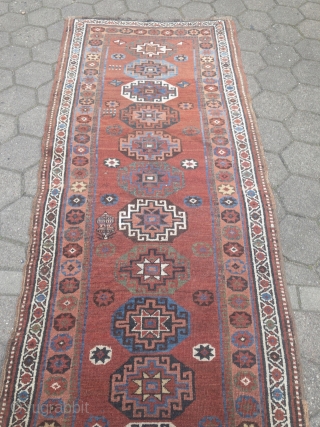 Antique Persian Bidjar Gerrus long rug with Memling gul design, wool foundation. Age: 19th century, size: 335x105cm / 11ft x 3'4''ft Good condition, barber pole missing at both ends.    