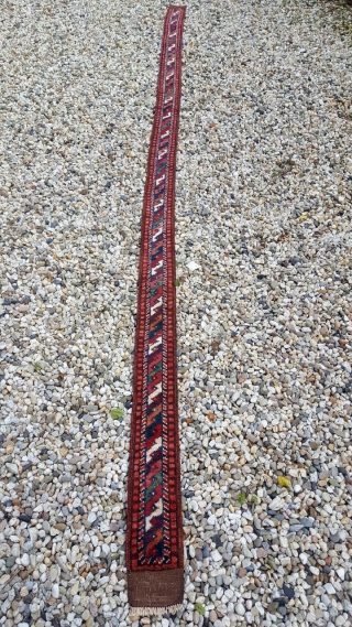 Rare long antique Baluch Animal Trapping / Band, size: 393x15cm / 12'9''ft x 0'5''ft  These bands were used to decorate animals for special occasions, possibly for marriages. Very nice collector´s item.
 