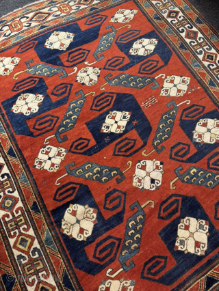 A Caucasian masterpiece: Impressive antique Pinwheel Kazak or so called Swastika Kazak from the mid-19th. Very well balanced geometric design and deep natural dyes. Good overall condition with original sides and ends.  ...