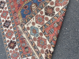 A very nice antique Caucasian Shirvan rug with lots of little Swastikas and birds, size: ca. 215x135cm / 7ft by 4‘4ft some localized wear         