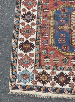 A very nice antique Caucasian Shirvan rug with lots of little Swastikas and birds, size: ca. 215x135cm / 7ft by 4‘4ft some localized wear         