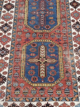 A very nice antique Caucasian Shirvan rug with lots of little Swastikas and birds, size: ca. 215x135cm / 7ft by 4‘4ft some localized wear         