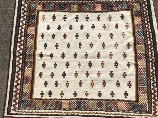 Antique Sofreh (bread or dining cloth) woven by Qashqai tribes of Southwest Persia, size: ca. 135x115cm / 4'4''ft x 3'8''ft , age: early 20th century, wool on white cotton    