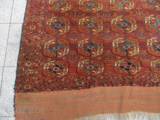 Antique Turkmen Tekke main carpet, origin: Central Asia , Turkmenistan. Beautiful green and blue colors. Age: mid 19th century. Size including Kilim ends: ca 270cm x 177cm ( 8'9'' x 5'8'' ) 