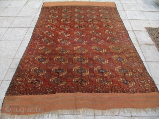 Antique Turkmen Tekke main carpet, origin: Central Asia , Turkmenistan. Beautiful green and blue colors. Age: mid 19th century. Size including Kilim ends: ca 270cm x 177cm ( 8'9'' x 5'8'' ) 