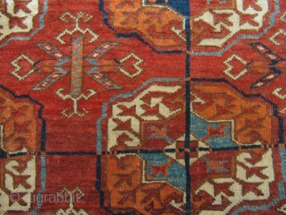 Antique Turkmen Tekke main carpet, origin: Central Asia , Turkmenistan. Beautiful green and blue colors. Age: mid 19th century. Size including Kilim ends: ca 270cm x 177cm ( 8'9'' x 5'8'' ) 