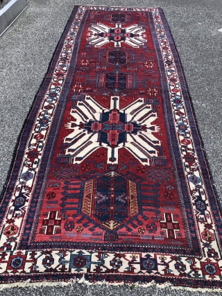 German estate find: Antique "Adler" Kazak inspired Karadja rug from Northwest Persia, size: 415x150cm / 13'6''ft by 5ft               