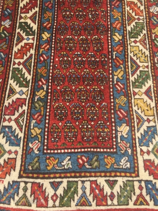 Antique Caucasian Gendje long rug with chunky pile and beautiful saturated colors, size: 287x107cm / 9'4''ft x 3'5''ft               