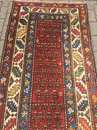 Antique Caucasian Gendje long rug with chunky pile and beautiful saturated colors, size: 287x107cm / 9'4''ft x 3'5''ft               