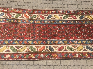 Antique Caucasian Gendje long rug with chunky pile and beautiful saturated colors, size: 287x107cm / 9'4''ft x 3'5''ft               