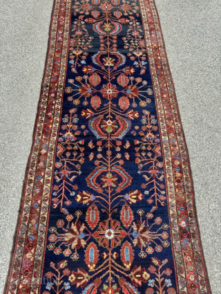An exceptionally characterful and rare antique Bakhtiari tribal runner featuring an all-wool structure and a deep midnight-indigo field. Unlike urban Bakhtiari workshop productions, this piece displays all the hallmarks of authentic tribal ...