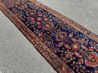 An exceptionally characterful and rare antique Bakhtiari tribal runner featuring an all-wool structure and a deep midnight-indigo field. Unlike urban Bakhtiari workshop productions, this piece displays all the hallmarks of authentic tribal ...