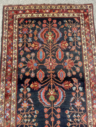 An exceptionally characterful and rare antique Bakhtiari tribal runner featuring an all-wool structure and a deep midnight-indigo field. Unlike urban Bakhtiari workshop productions, this piece displays all the hallmarks of authentic tribal ...