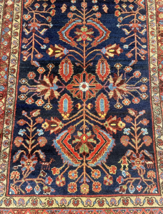 An exceptionally characterful and rare antique Bakhtiari tribal runner featuring an all-wool structure and a deep midnight-indigo field. Unlike urban Bakhtiari workshop productions, this piece displays all the hallmarks of authentic tribal ...