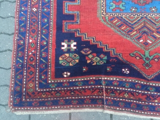 Antique Kazak rug with a beautiful sky blue center. Size: ca. 235x155cm / 7'7''ft x 5'1''ft , little localized wear. www.najib.de
            