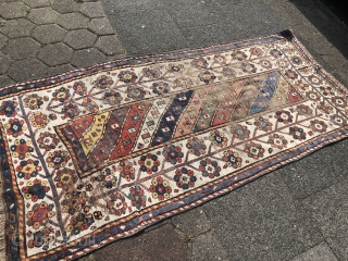 Antique Caucasian rug from an old German collection, good age, very nice colors and beautiful tree border. Age: 19th century. Size: ca. 227x111cm / 7'4''ft x 3'7''ft some condition problems but still  ...