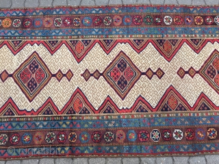 Very decorative antique Kurdish tribal runner,19th century size: ca. 435x102cm / 14'3''ft x 3'3''ft wool on wool, sides and ends rebound.            