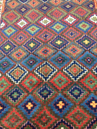 Antique Kurdish Saujbulagh tribal rug with fantastic colors and shiny wool. Circa 1870. Size: ca. 260x140cm / 8'5'' x 4'6''ft The design of this village weaving displays interlocking stepped diamonds that completely  ...