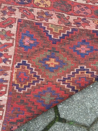 Antique Kurdish Saujbulagh tribal rug with fantastic colors and shiny wool. Circa 1870. Size: ca. 260x140cm / 8'5'' x 4'6''ft The design of this village weaving displays interlocking stepped diamonds that completely  ...