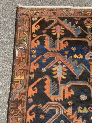 Antique Persian Malayer rug. Very nice design. Beautiful bird border, lovely little animals inside the field. Navy blue field color. Size circa 190x140cm / 6’3ft by 4’6ft www.najib.de     