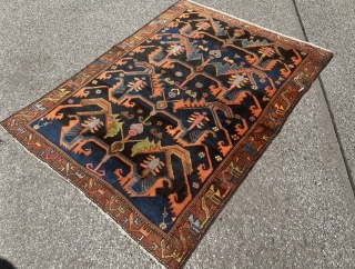 Antique Persian Malayer rug. Very nice design. Beautiful bird border, lovely little animals inside the field. Navy blue field color. Size circa 190x140cm / 6’3ft by 4’6ft www.najib.de     