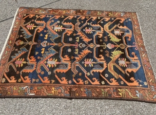 Antique Persian Malayer rug. Very nice design. Beautiful bird border, lovely little animals inside the field. Navy blue field color. Size circa 190x140cm / 6’3ft by 4’6ft www.najib.de     