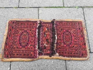 Antique Turkmen Tekke Khorjin / double bag with embroidered backside , size: ca. 80x40cm / 2'6''ft x 1'3''ft               