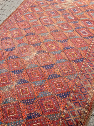 Early and rare Turkmen Ersari main-carpet with beautiful colors and a very nice and unique change of color palette. Rare design, size: 335x175cm / 11ft x 5'8''ft some condition problems but still  ...