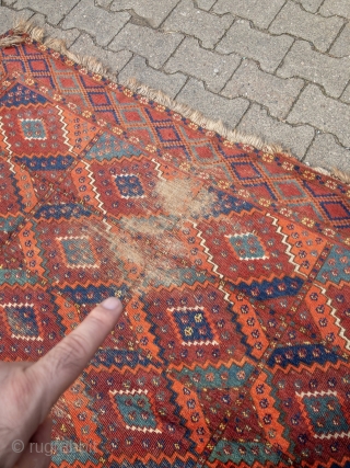 Early and rare Turkmen Ersari main-carpet with beautiful colors and a very nice and unique change of color palette. Rare design, size: 335x175cm / 11ft x 5'8''ft some condition problems but still  ...