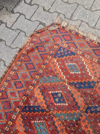 Early and rare Turkmen Ersari main-carpet with beautiful colors and a very nice and unique change of color palette. Rare design, size: 335x175cm / 11ft x 5'8''ft some condition problems but still  ...