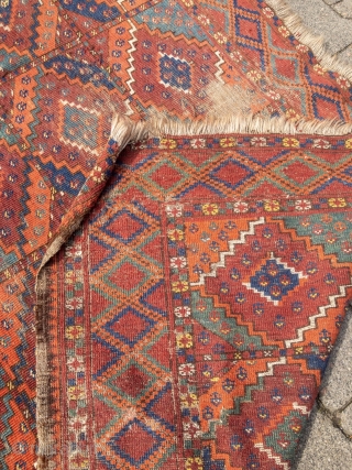 Early and rare Turkmen Ersari main-carpet with beautiful colors and a very nice and unique change of color palette. Rare design, size: 335x175cm / 11ft x 5'8''ft some condition problems but still  ...