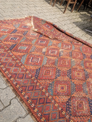 Early and rare Turkmen Ersari main-carpet with beautiful colors and a very nice and unique change of color palette. Rare design, size: 335x175cm / 11ft x 5'8''ft some condition problems but still  ...