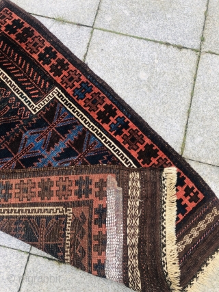 This antique Timuri Baluch prayer rug has beautiful shades of indigo blue, very nice large kilims and glossy, shiny wool. Good condition, size: ca. 123x80cm / 4'1''ft by 2'6''ft    