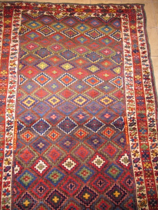 Antique Kurdish tribal rug with fantastic colors and shiny wool. Circa 1870. Size: ca. 260x140cm / 8'5'' x 4'6''ft The design of this village weaving  displays interlocking stepped diamonds that completely  ...