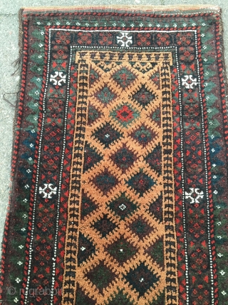 Antique camel ground collector´s Baluch balisht, glossy wool and cool graphics, nice collector´s item. Size: 86x41cm / 2'8''ft x 1'3''ft all natural colors. Like us on Facebook: Najib Gallery
    