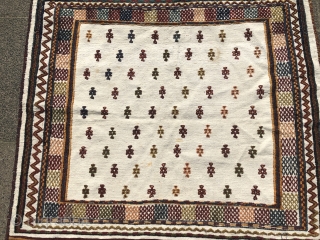 Antique Sofreh (bread or dining cloth) woven by Qashqai tribes of Southwest Persia, size: ca. 135x115cm / 4'4''ft x 3'8''ft , age: early 20th century, wool on white cotton
    